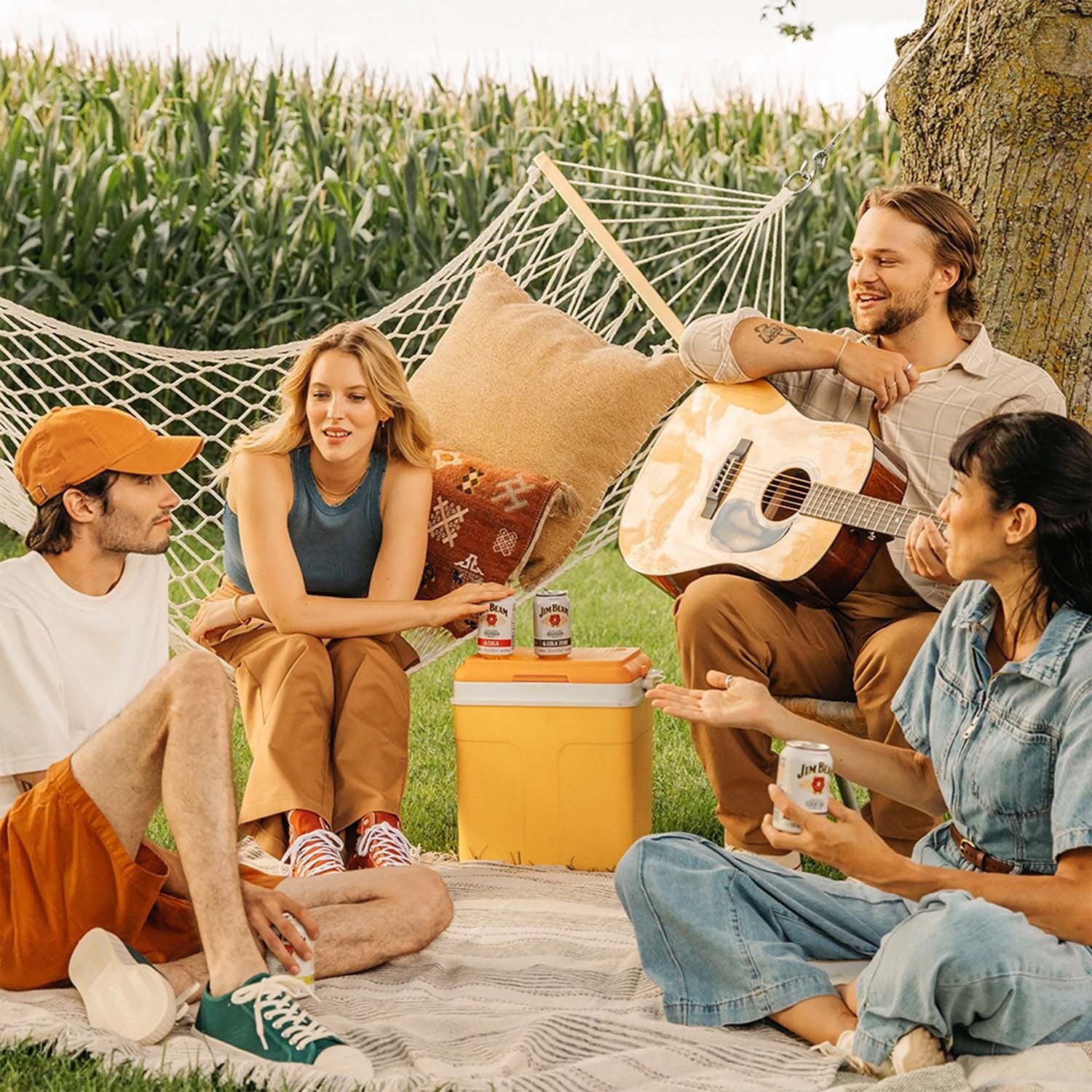 Friends Outdoor Gathering Guitar Music Hammock Picnic Drinks Jim Beam