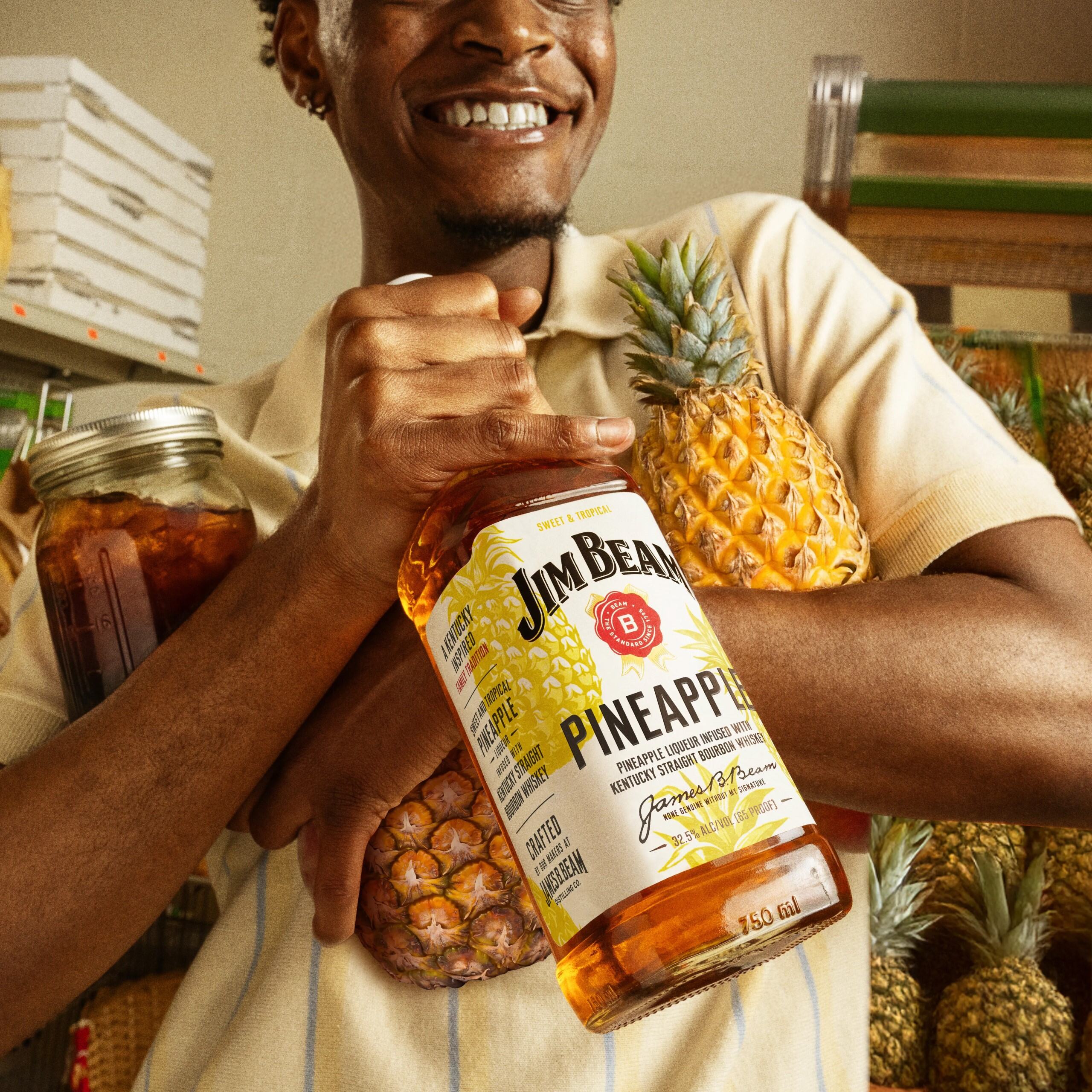 Man Holding Pineapple Bourbon Bottle Fresh Pineapple Bar Setting Jim Beam