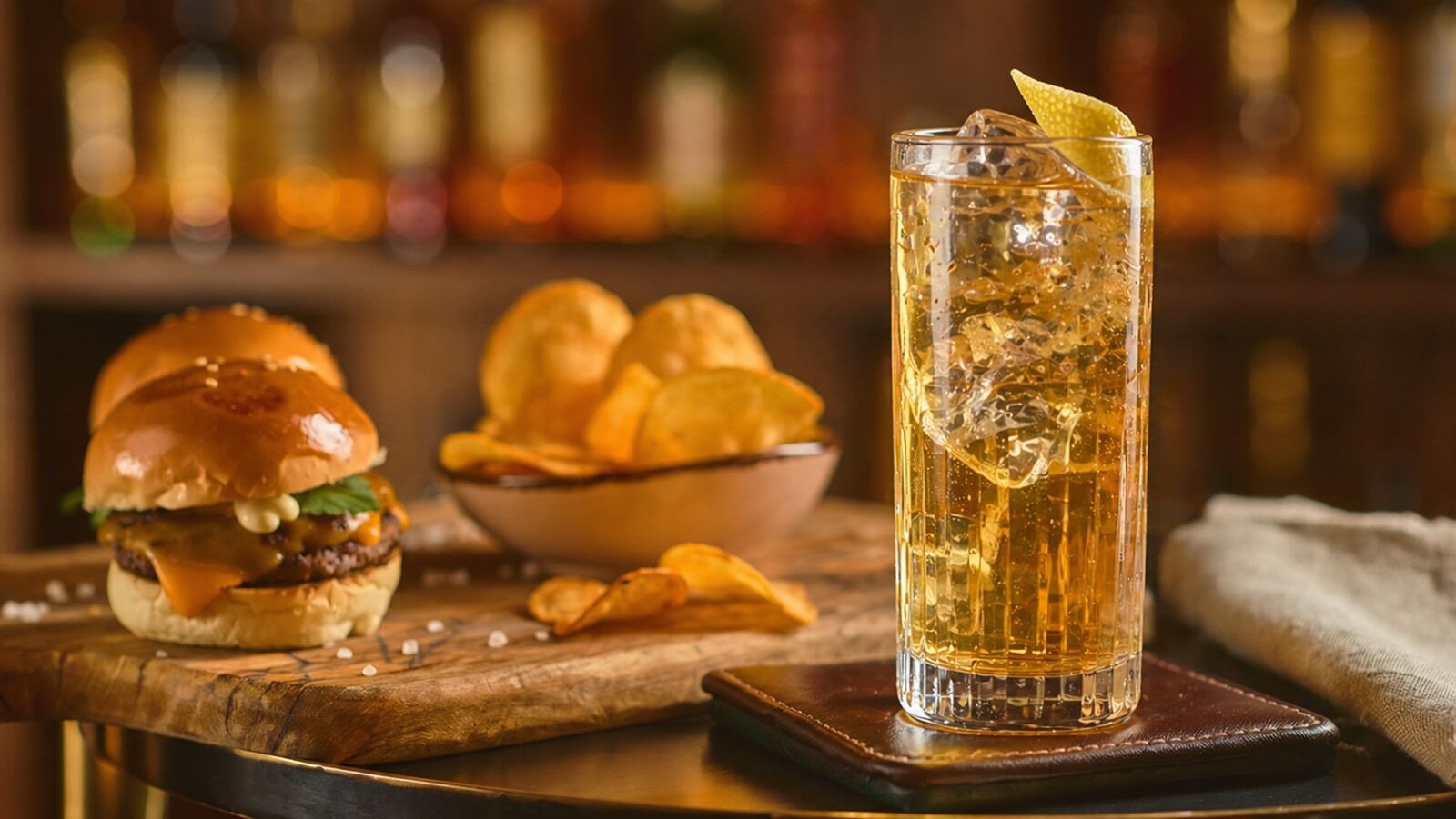 Highball cocktail burger chips bar jim beam