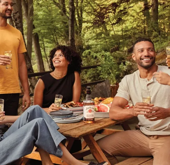 Outdoor Dining Group Friends Drinks Table Food Bottle Jim Beam