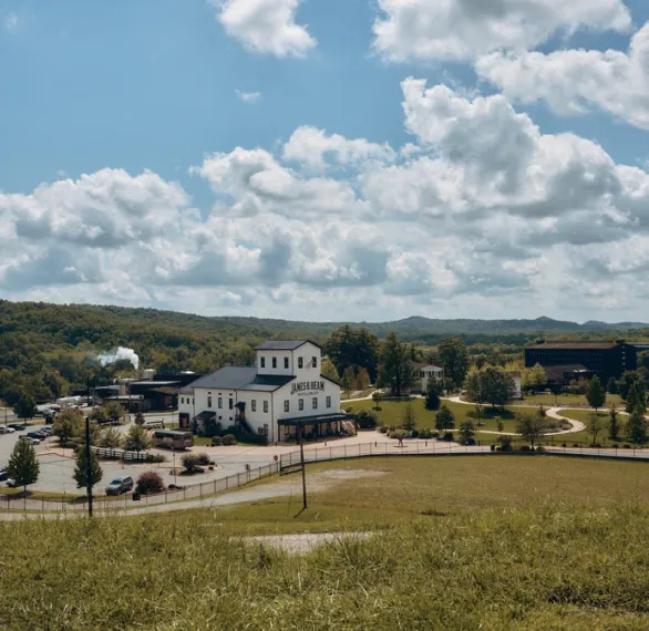 Scenic view of the James B. Beam Distilling Co. campus surrounded by rolling Kentucky countryside.