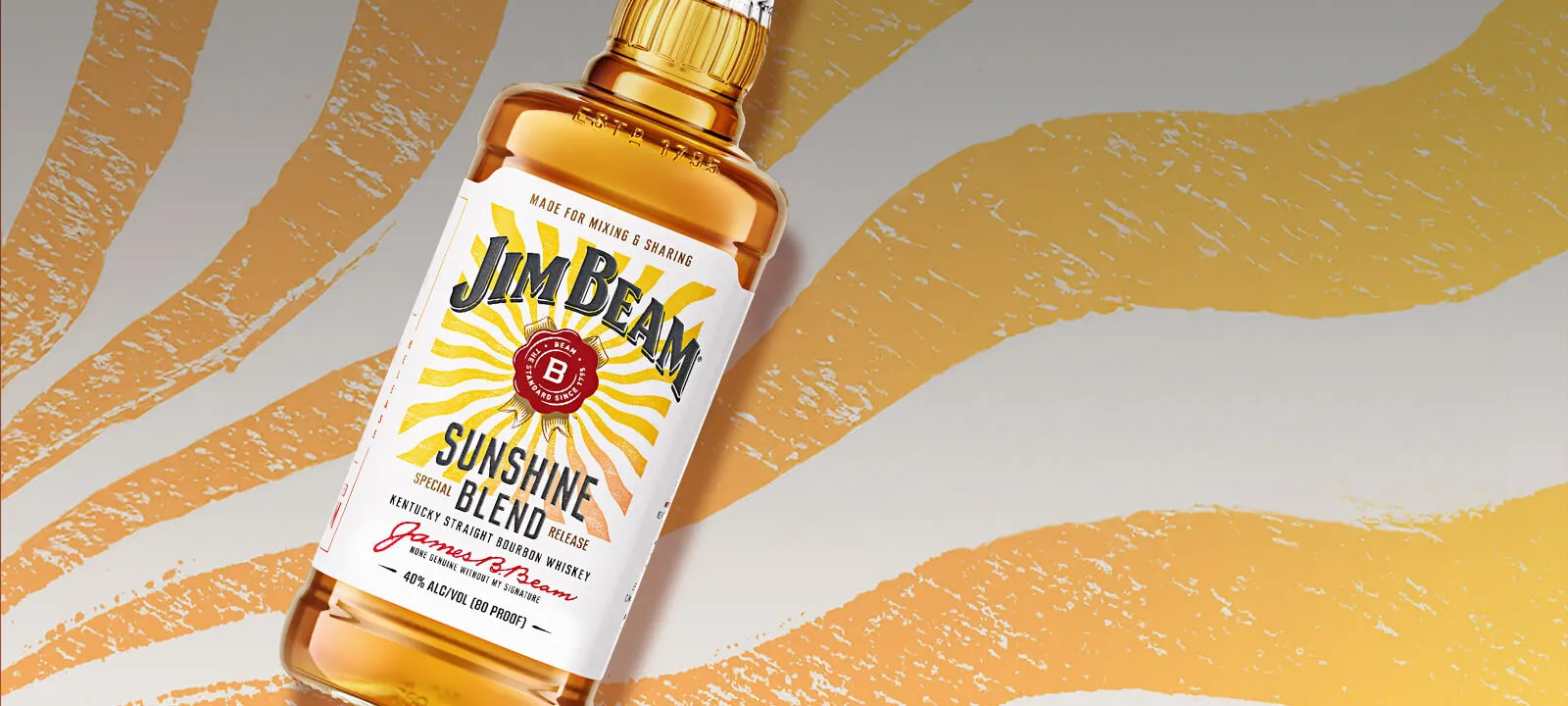 Jim Beam Sunshine Blend bottle on background with sunbeams illustrations