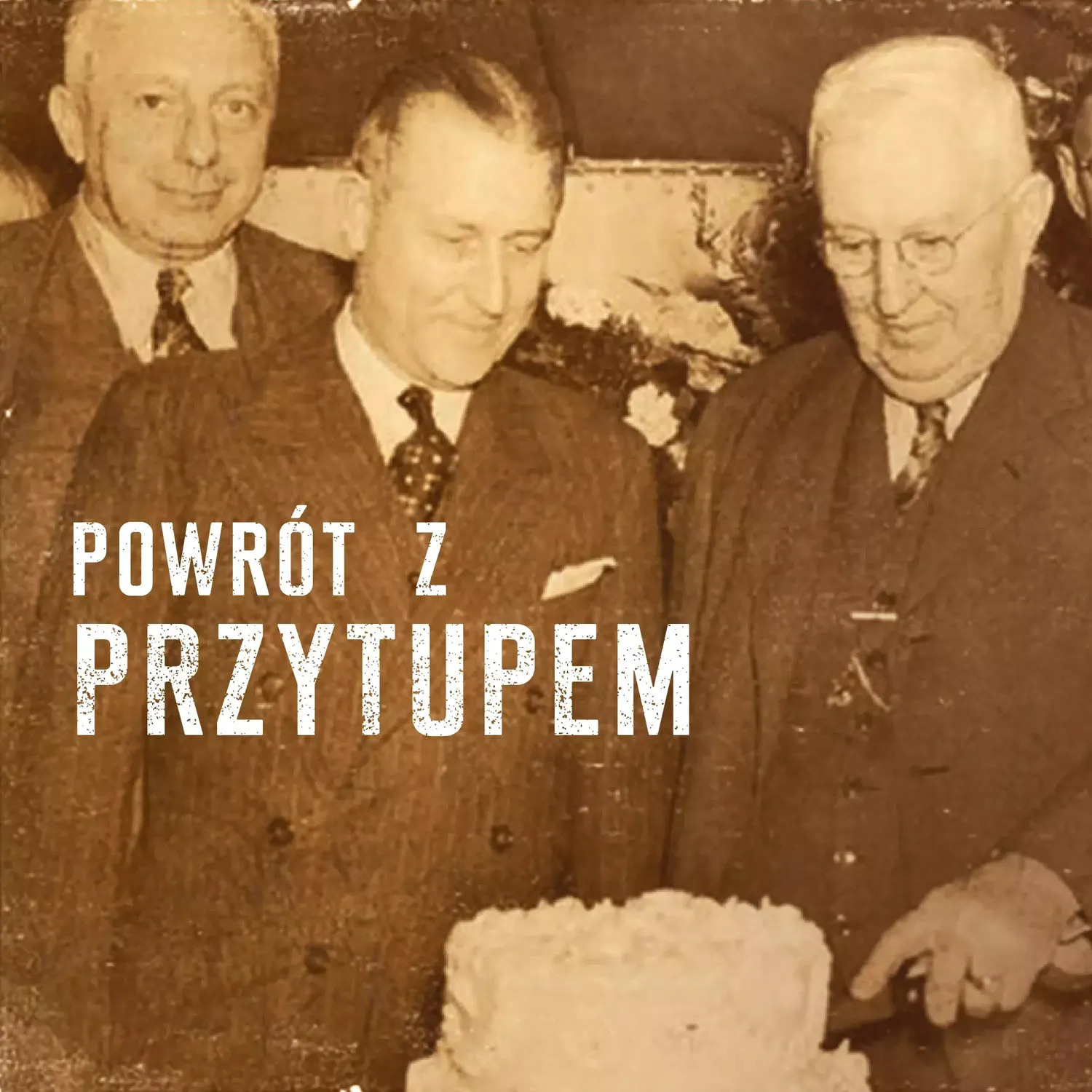 Three men cutting cake