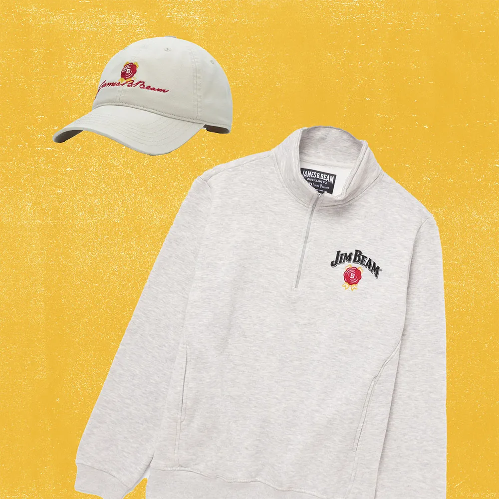 white cap grey sweatshirt merchandise jim beam