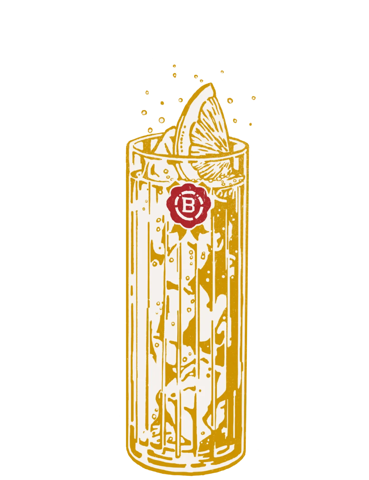 A tall glass with a lemon slice and bubbles, featuring a red emblem with a "B" against a black backdrop.