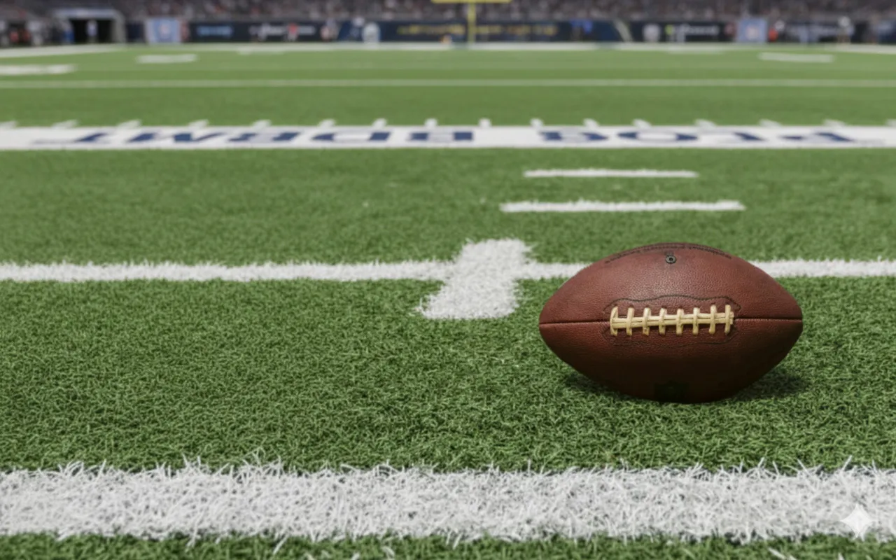A close-up of a rugby ball resting on green turf, with white yard lines visible in the background at a sports event.