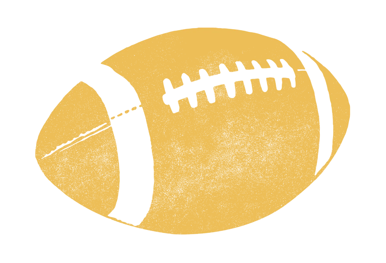 A stylized illustration of a brown rugbyball with black stitching and stripes on a transparent background.