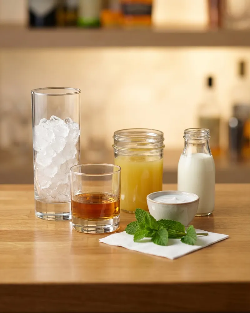 Jim Beam Bourbon Colada ingredients: Jim Beam® bourbon, crushed ice, pineapple juice, coconut cream, and fresh mint on a wooden bar.