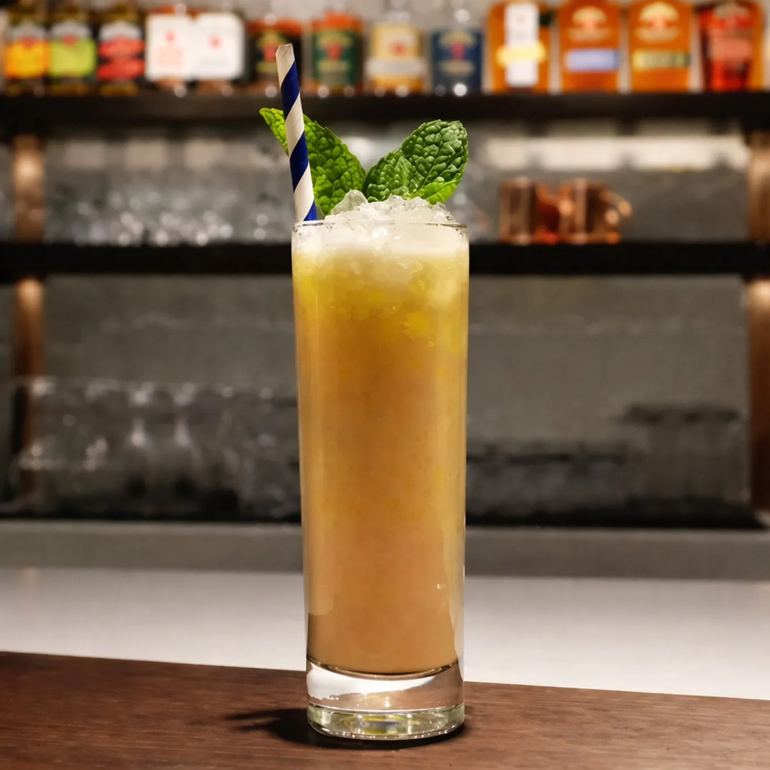 Jim Beam Bourbon Colada cocktail in a tall glass with crushed ice, striped straw, and fresh mint garnish at a bar.