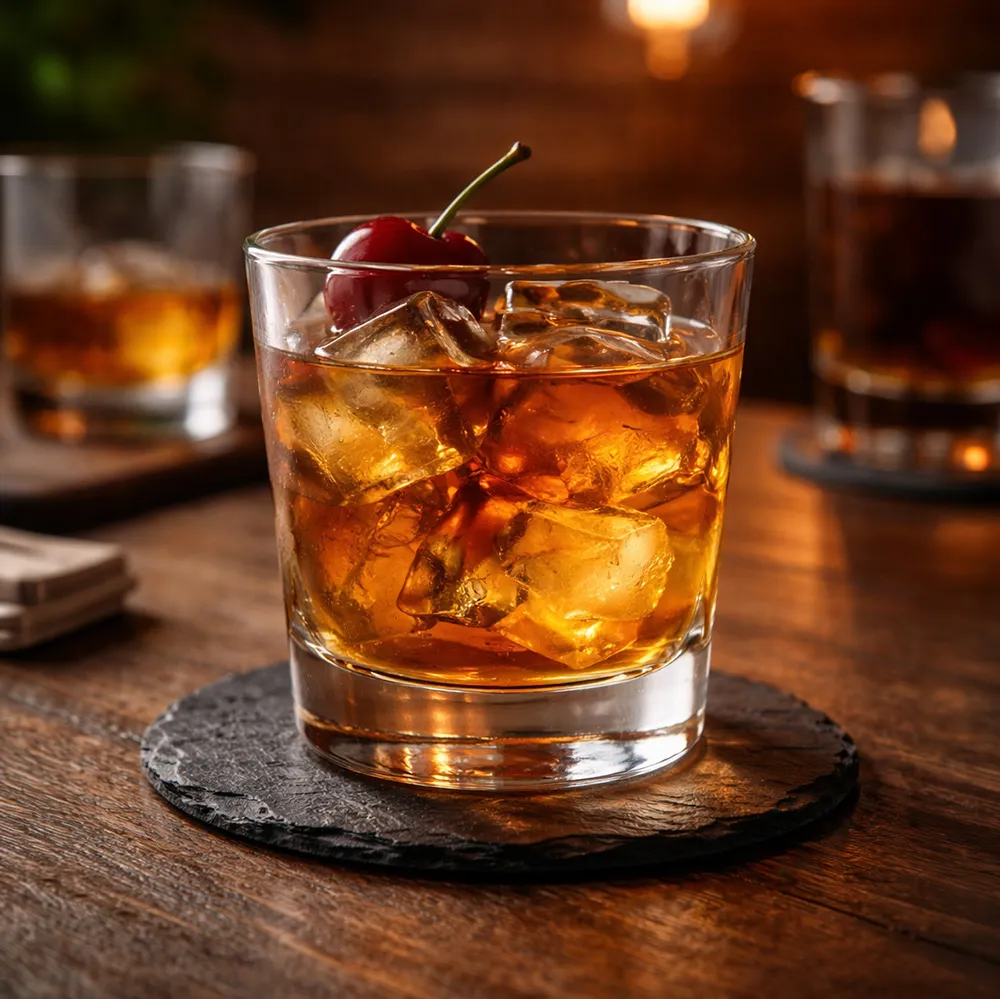Slate Coaster Manhattan Cocktail Ice Cubes Cherry Garnish Jim Beam