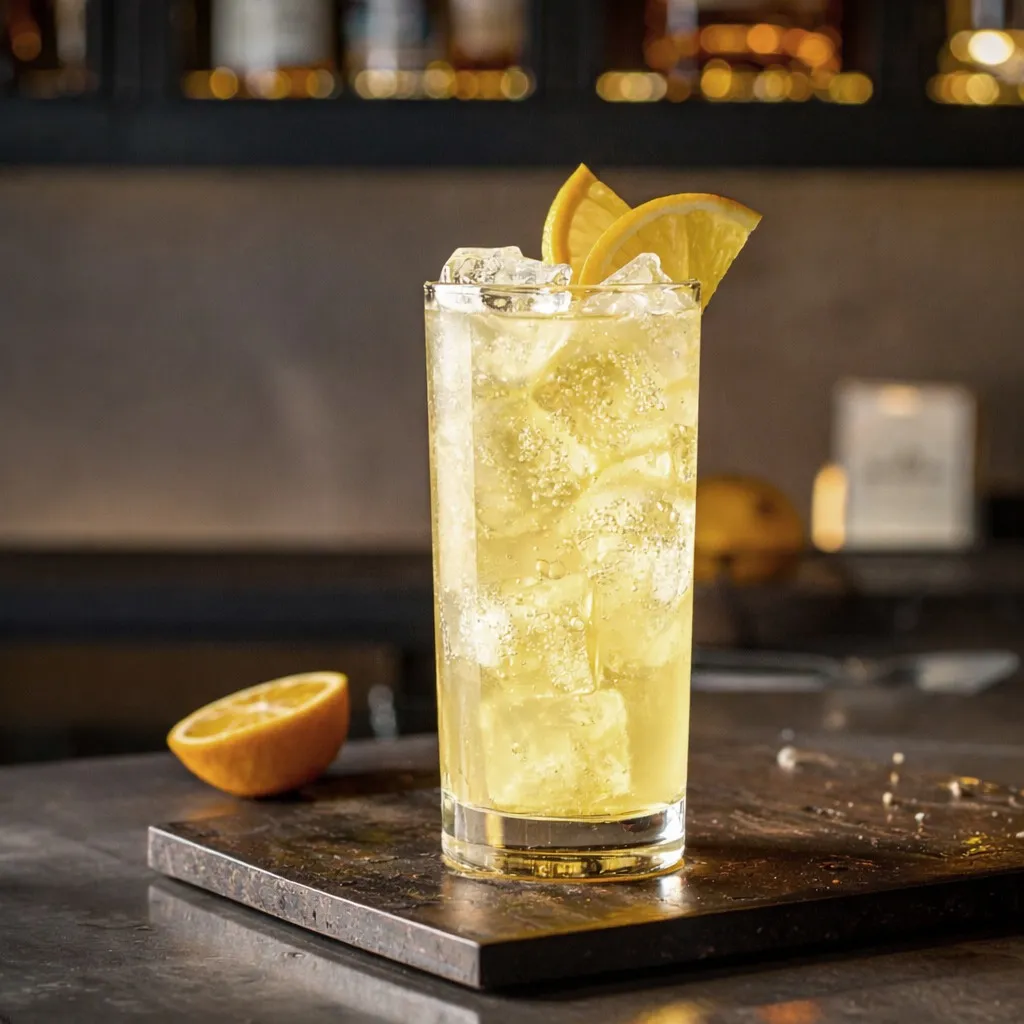 Jim Beam Bourbon Soda Highball in a tall glass with ice, topped with a lemon wedge on a bar counter.