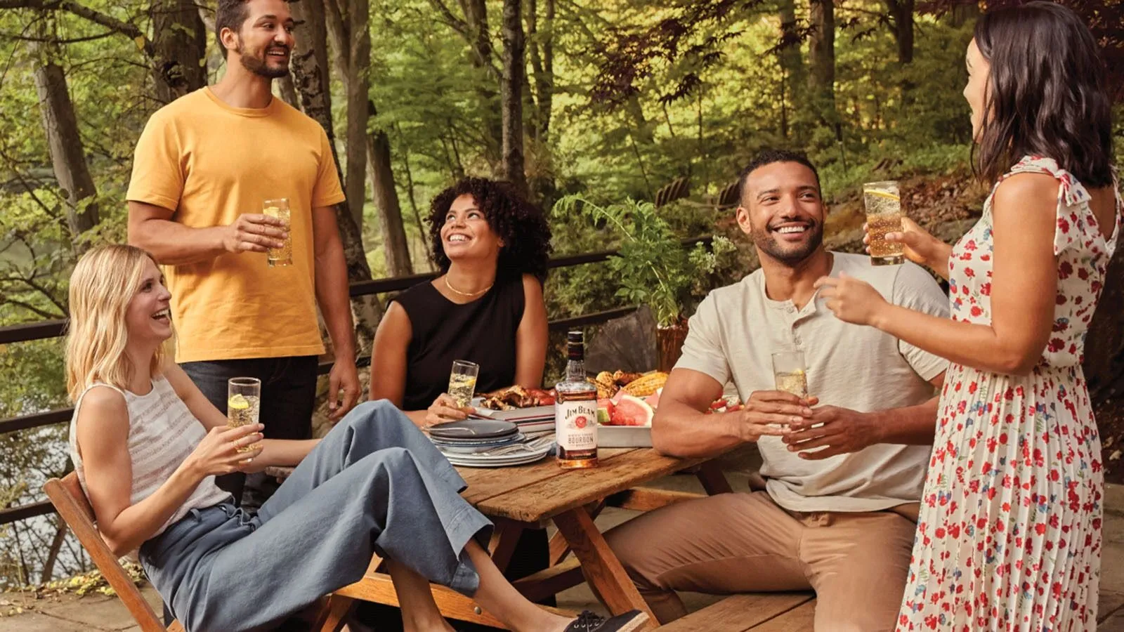 Outdoor Dining Group Friends Drinks Table Food Bottle Jim Beam