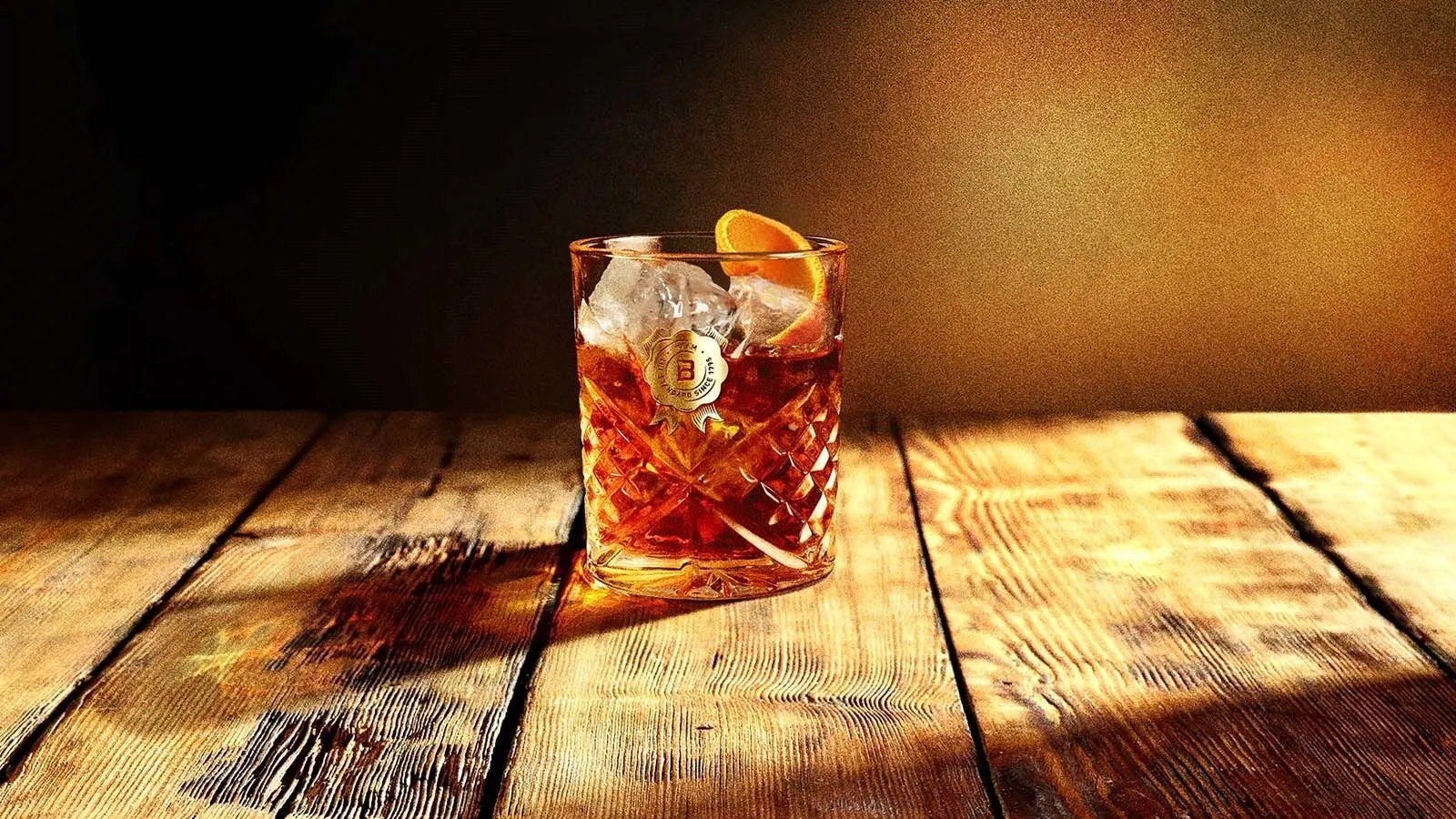 Whiskey Cocktail Glass Ice Cube Orange Slice Wooden Table Jim Beam