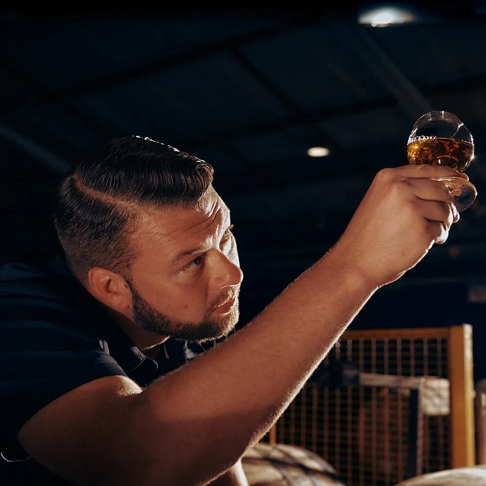 Distillery Worker Tasting Bourbon Glass Warehouse Barrels Jim Beam