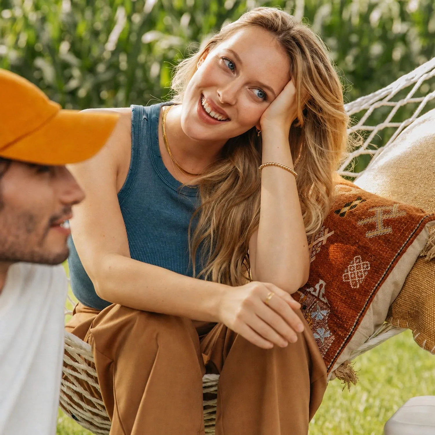 Woman Hammock Outdoor Relaxation Cushion Conversation Jim Beam