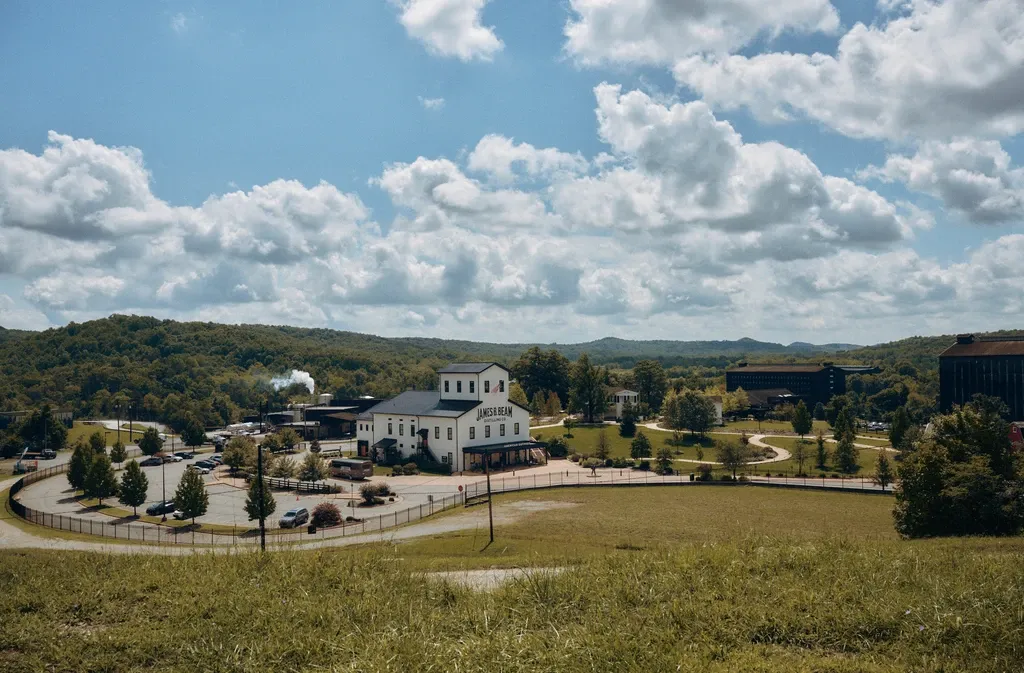 Scenic view of the James B. Beam Distilling Co. campus surrounded by rolling Kentucky countryside.